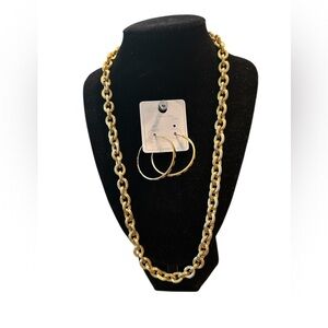 Gold Chain Necklace and Hoop Earrings Set